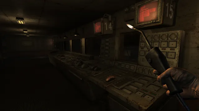 Monstrum screenshot: holding a blowtorch in a dim ship control room with consoles and red monitors