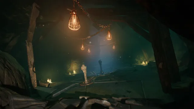 Moons of Madness screenshot: caged lamps hang over a dim cave chamber with candles and a carved floor of strange symbols