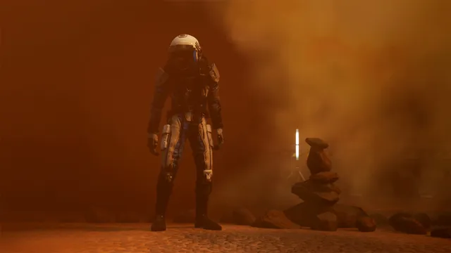 Moons of Madness screenshot: an astronaut in a worn suit stands in a red Martian dust storm beside a stack of balanced stones