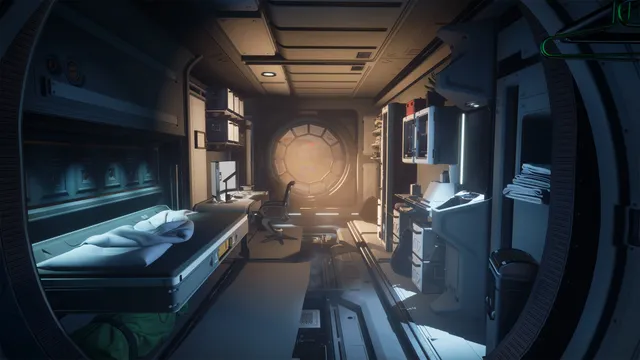 Moons of Madness screenshot: a bunk, desk and round window inside the cramped crew quarters of the Mars outpost