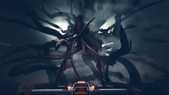 Moons of Madness screenshot: a towering tentacled creature rises through mist and dark branches beyond a console