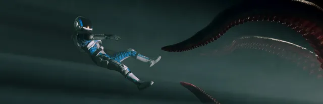 Moons of Madness key art: an astronaut in a blue and white suit falls through dark mist toward huge red-ridged tentacles