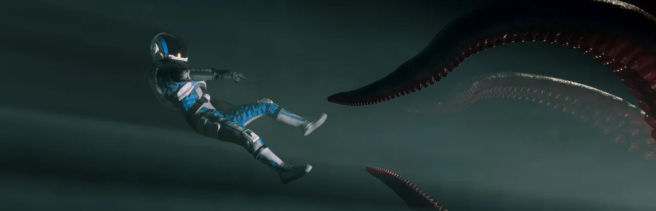 Moons of Madness key art: an astronaut in a blue and white suit falls through dark mist toward huge red-ridged tentacles