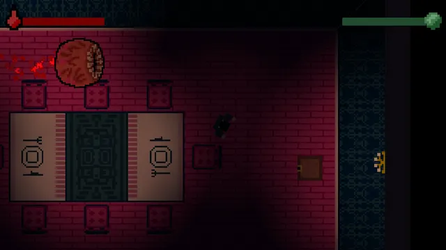Morfosi screenshot: a giant eye creature leaving a trail of blood through a dining room seen from above