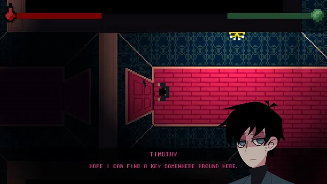 Morfosi screenshot: Timothy in a red corridor beside an open door, hoping to find a key