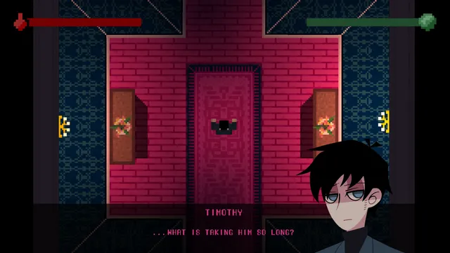 Morfosi screenshot: a dim red mansion hallway seen from above, with Timothy's portrait asking what is taking him so long