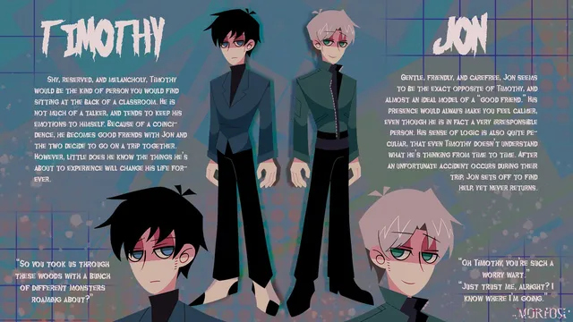 Morfosi character art: Timothy and Jon with short descriptions of each