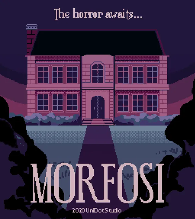 Morfosi poster: a pixel-art mansion at night under the words the horror awaits