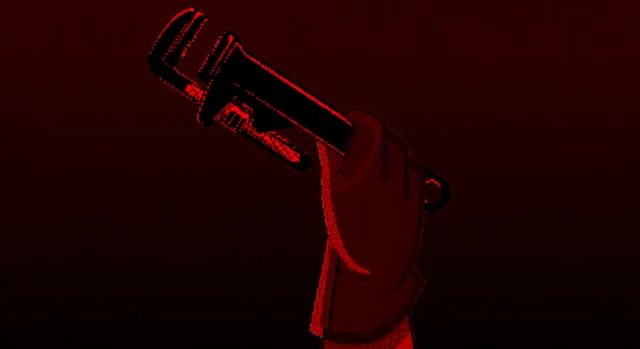 A red-tinted hand raises a large wrench against a dark background