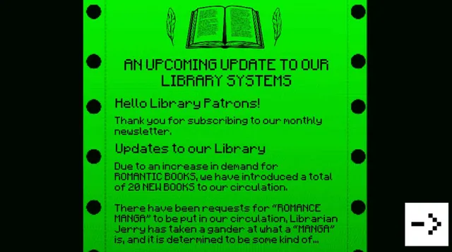 A green library newsletter on screen announcing new romance books and an update to the library's systems