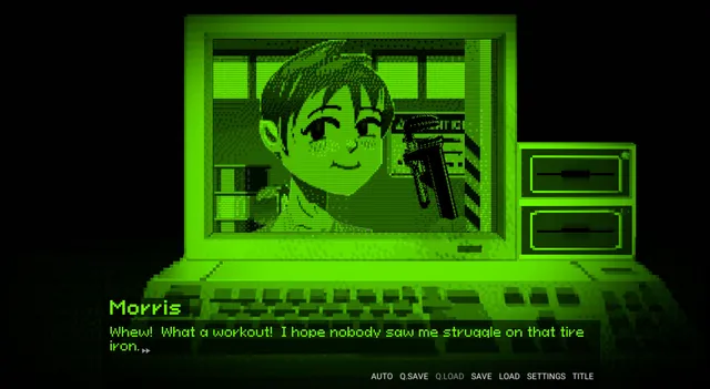 An old green-screen computer showing Morris holding a tire iron, with dialogue about a workout