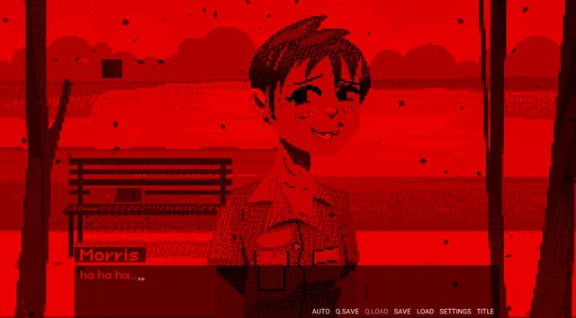 The screen turns red: Morris with a grin and staring eyes beside a park bench, saying ha ha ha