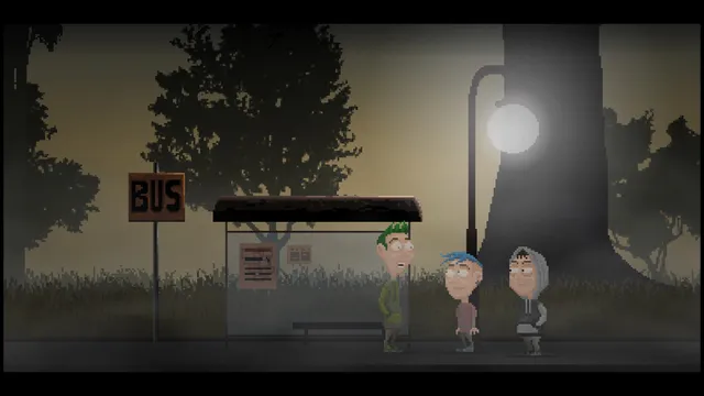 Moth Lake screenshot: three teenagers wait at a foggy bus stop under a streetlight at night