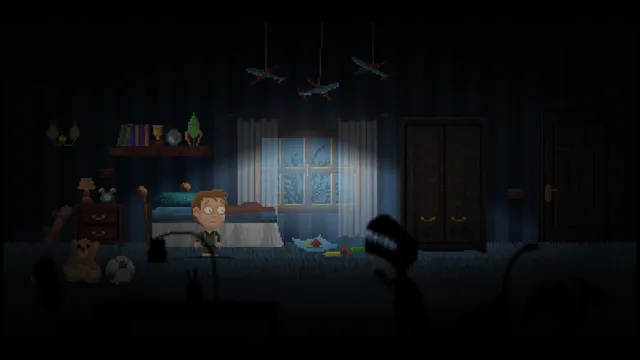 Moth Lake screenshot: a boy stands in his moonlit bedroom while dark, toothed creatures rise out of the shadows on the floor