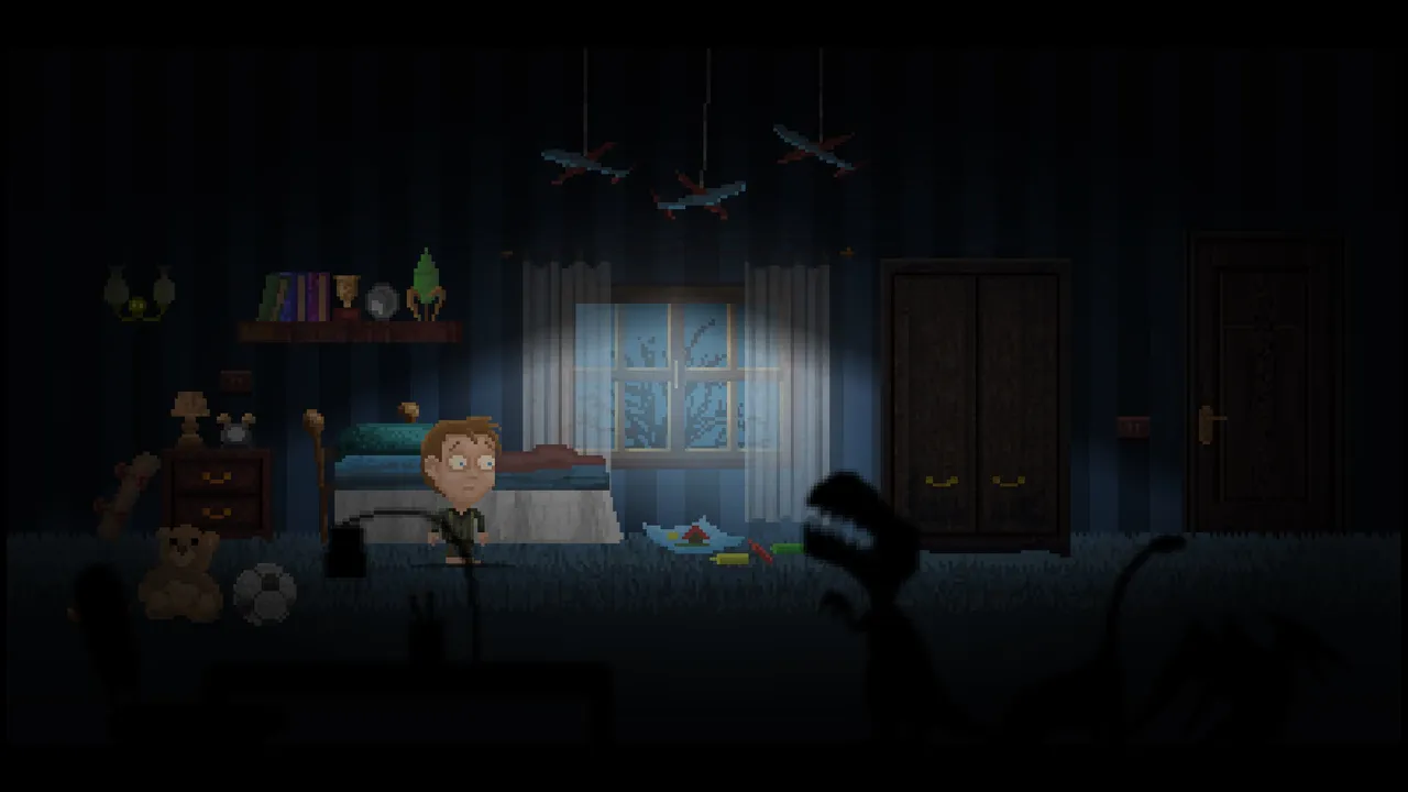 Moth Lake screenshot: a boy stands in his moonlit bedroom while dark, toothed creatures rise out of the shadows on the floor