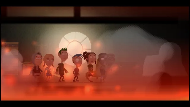 Moth Lake screenshot: the group of friends walks through a red, glowing fog toward a round window