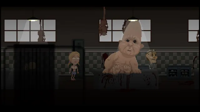 Moth Lake screenshot: a giant, pale, grotesque figure sits amid blood in a dark tiled room as two teenagers look on
