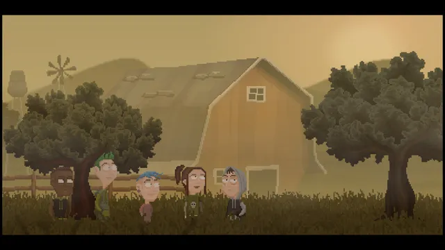 Moth Lake screenshot: five pixel-art teenagers stand by a barn and trees in hazy orange light