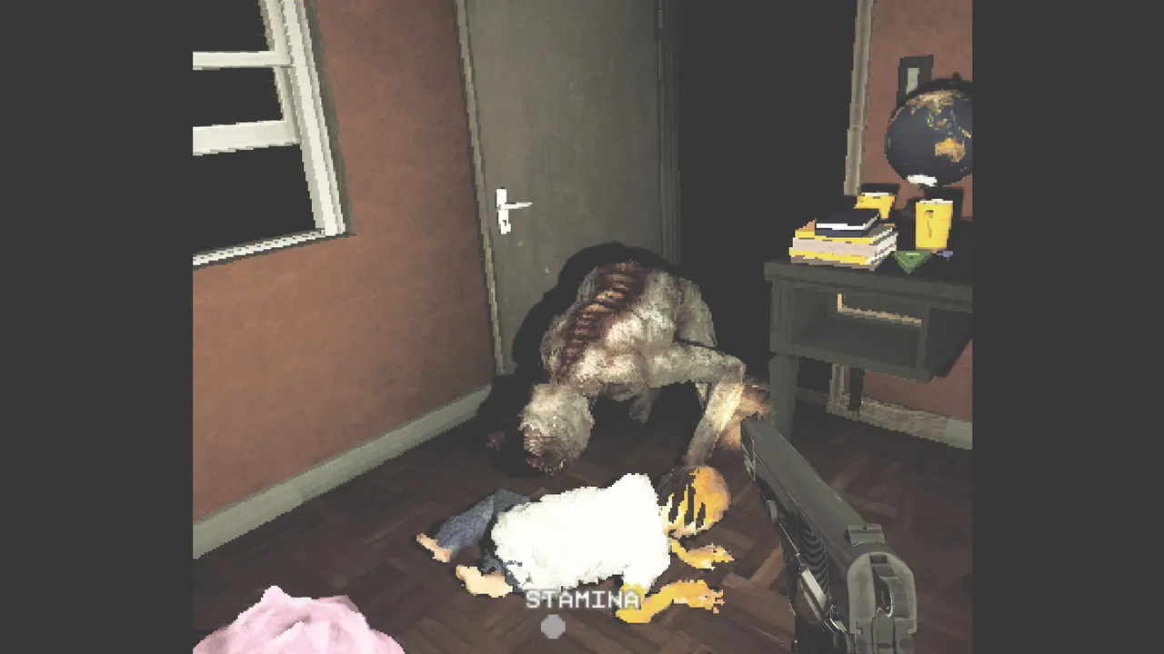 MOTHER: a long-limbed, rotten creature crouches over a child's bed while Mary aims a pistol