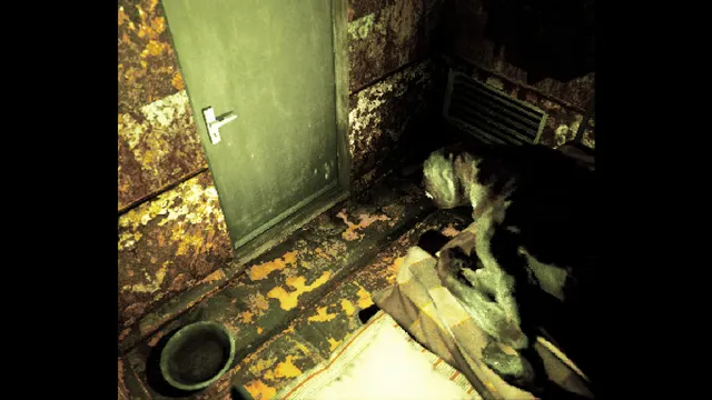 MOTHER: a pale creature crouched by a door over a dog bowl in a decayed room