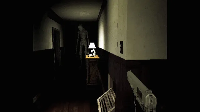 MOTHER: a tall dark figure at the end of a corridor while Mary holds a pistol