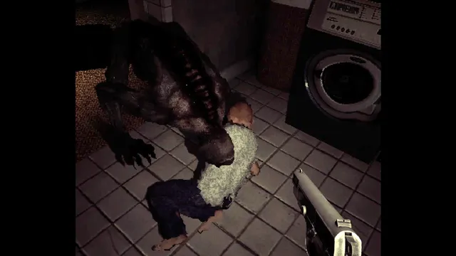 MOTHER: a creature attacks a figure in a tiled laundry room