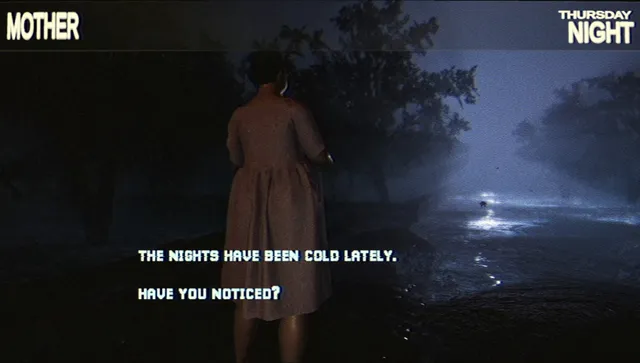 Mother, a figure in a pale dress, standing in a misty night garden with the caption: The nights have been cold lately. Have you noticed?