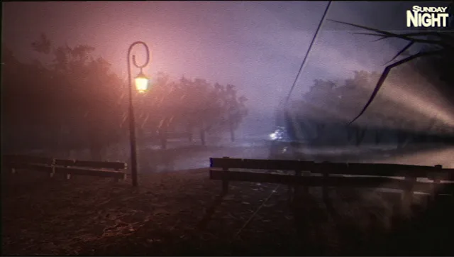 A foggy park at night with a lit lamp post and benches, captioned Sunday Night