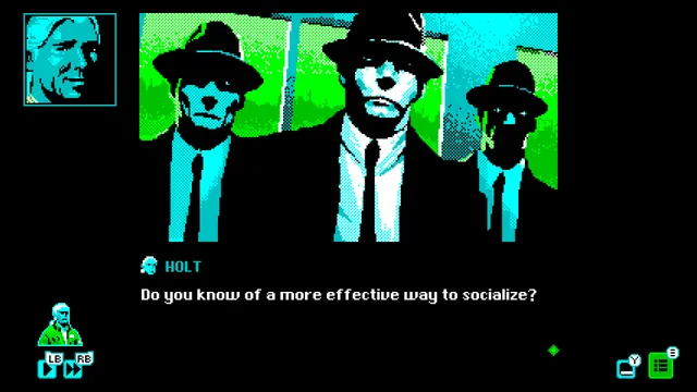 Mothmen 1966 screenshot: three men in black hats and suits loom over the viewer in pixel art, above a line of Holt's dialogue