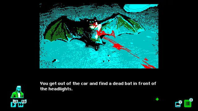 Mothmen 1966 screenshot: a bloodied dead bat lies on the road, and the text says you find it in front of the headlights