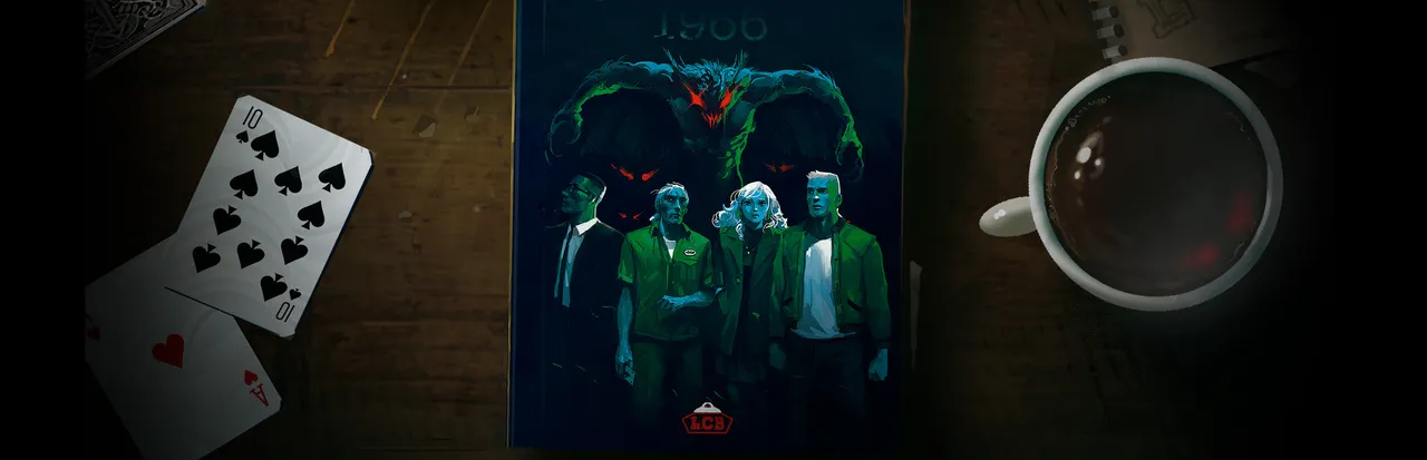 Mothmen 1966 key art: a pulp book cover on a table with playing cards and coffee, showing four characters beneath a red-eyed winged creature