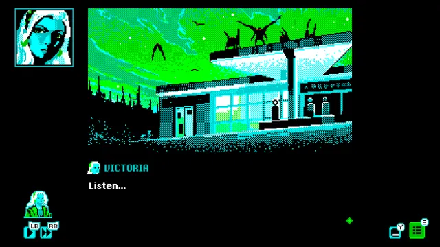 Mothmen 1966 screenshot: green and cyan pixel art of a gas station at night with winged creatures perched on its roof and Victoria saying Listen