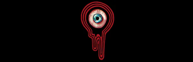 Mouthwashing art: a single bloodshot eye inside a red outline shaped like a dripping mouthwash drop, on black