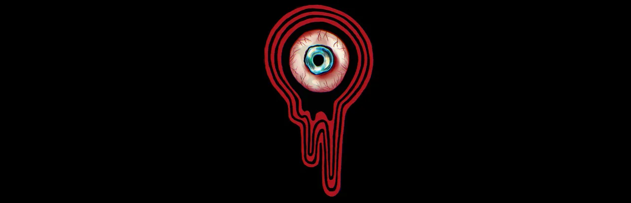 Mouthwashing art: a single bloodshot eye inside a red outline shaped like a dripping mouthwash drop, on black