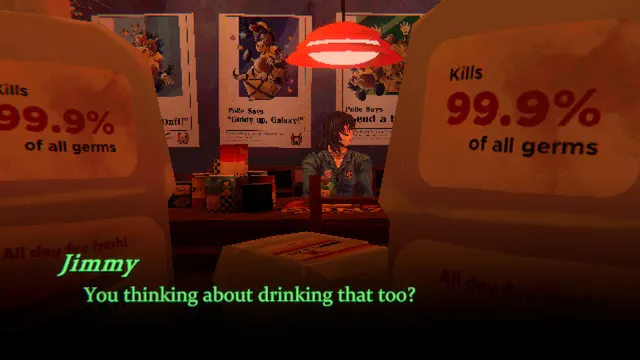 Mouthwashing screenshot: a crewman sits between two large mouthwash bottles that read Kills 99.9% of all germs, with the subtitle Jimmy: You thinking about drinking that too?