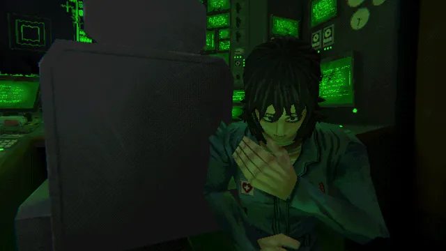 Mouthwashing screenshot: a dark-haired crew member in a uniform sits by green-lit control panels in the ship's cockpit