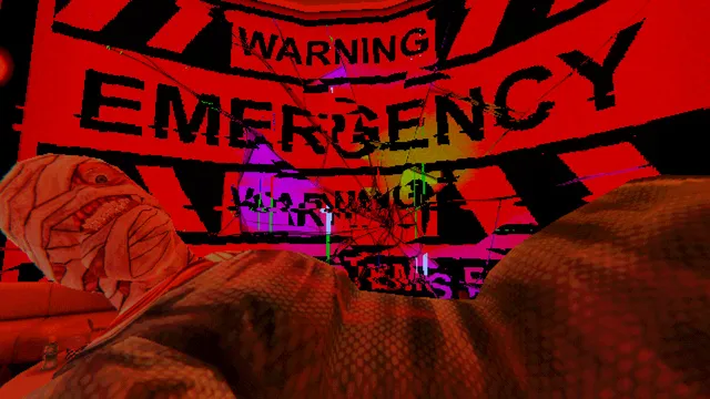 Mouthwashing screenshot: a bandaged man lies under a red Warning Emergency sign in a cracked, red-lit cabin