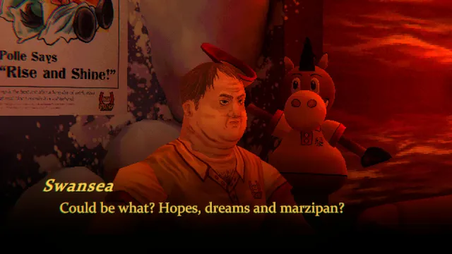 Mouthwashing screenshot: a heavyset crewman with a halo beside a pony mascot doll, under a poster reading Polle Says Rise and Shine