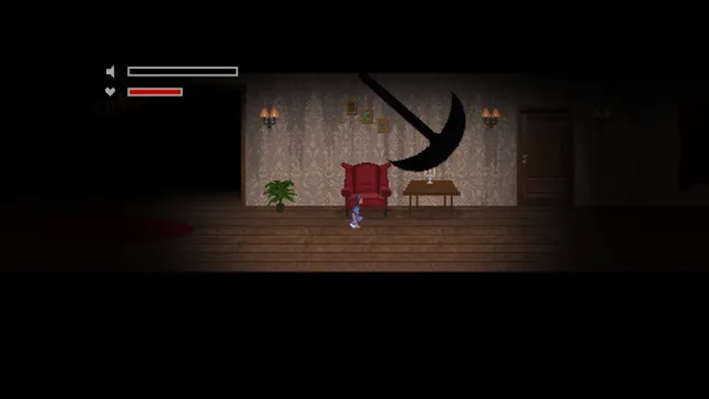 Mr. Hopp's Playhouse 2 screenshot: Esther crouches by a red armchair while a huge black shadow reaches across the wallpapered wall