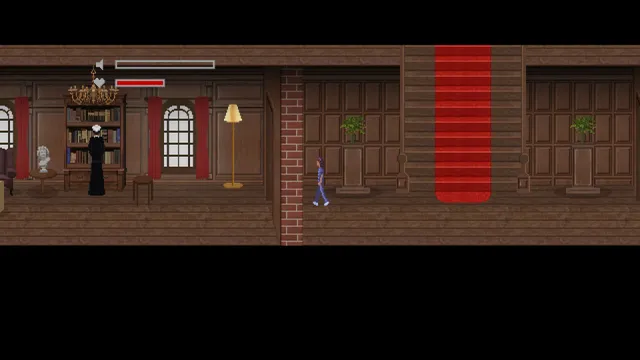 Mr. Hopp's Playhouse 2 screenshot: a nun in black stands by a bookcase in a wood-panelled library as Esther walks toward a red-carpeted staircase