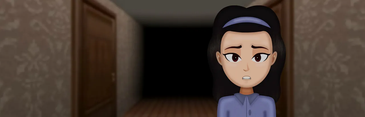 Mr. Hopp's Playhouse 2 key art: Esther, a girl with a purple headband, looks anxiously aside in a dark wallpapered corridor