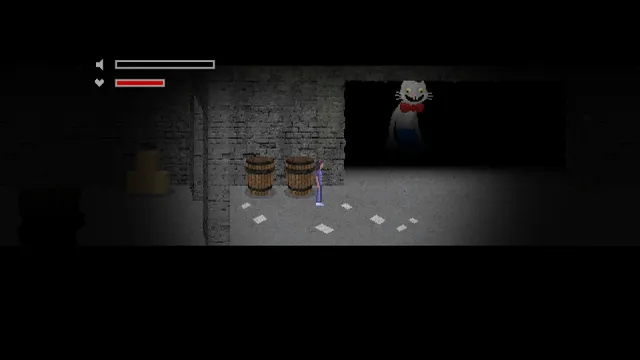 Mr. Hopp's Playhouse 2 screenshot: a pixel-art Esther stands by barrels in a cellar as a grinning grey toy with a red bow tie looms in a dark opening