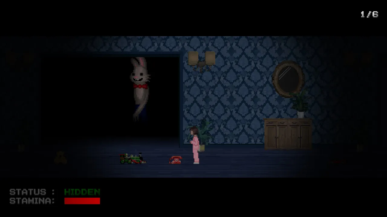 Mr. Hopp's Playhouse screenshot: a tall white rabbit with a red bow tie looms in a dark doorway while Ruby stands by toys in a blue-papered hall