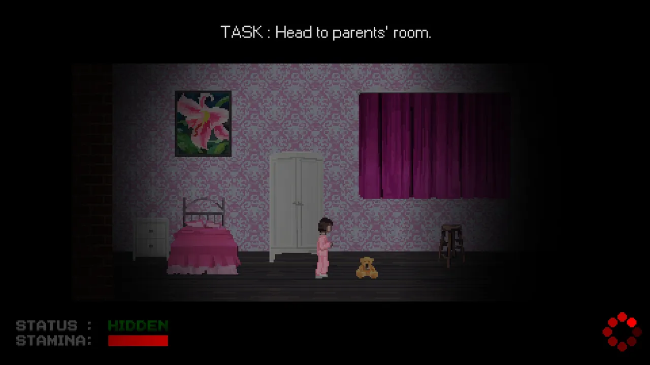 Mr. Hopp's Playhouse screenshot: Ruby in a pink bedroom with the task Head to parents' room