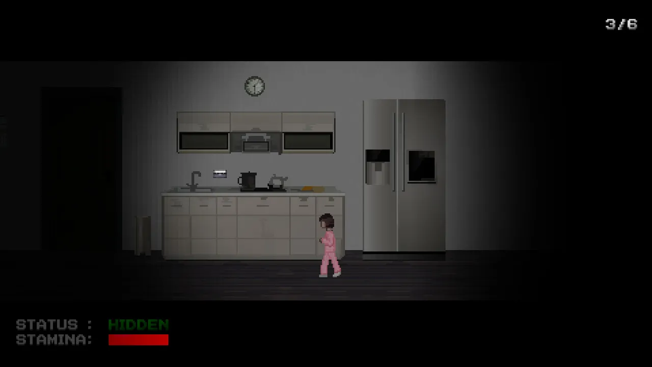 Mr. Hopp's Playhouse screenshot: Ruby in pink pyjamas in a dim kitchen, with a hidden status and stamina bar below