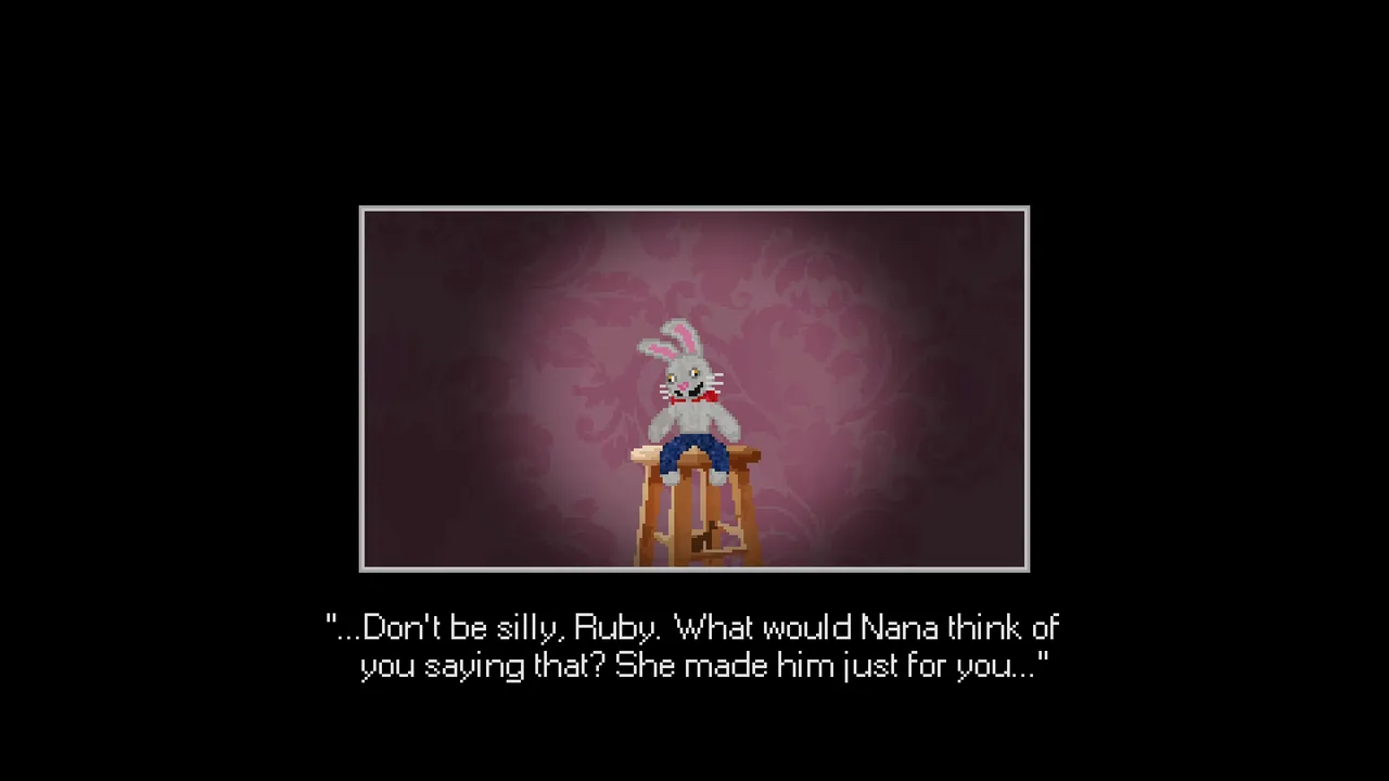 Mr. Hopp's Playhouse screenshot: the toy rabbit Mr. Hopp on a stool with the caption Don't be silly, Ruby. What would Nana think of you saying that? She made him just for you