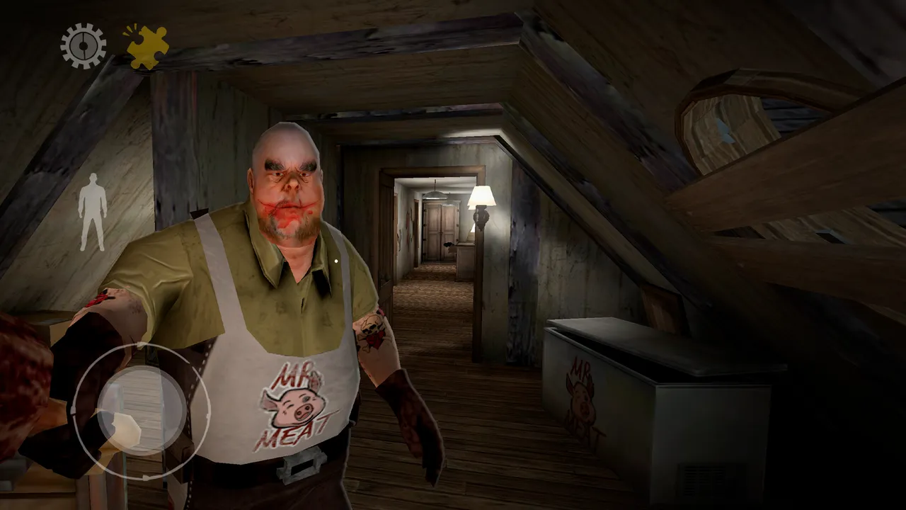 Mr. Meat screenshot: the bald, bloodied butcher in his Mr. Meat apron lunges at you in an attic corridor