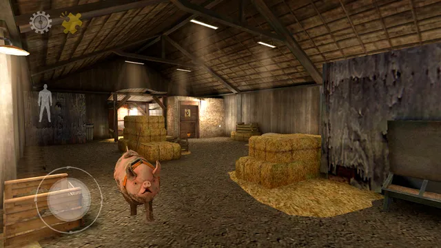 Mr. Meat screenshot: a pig stands among hay bales in a dim wooden barn