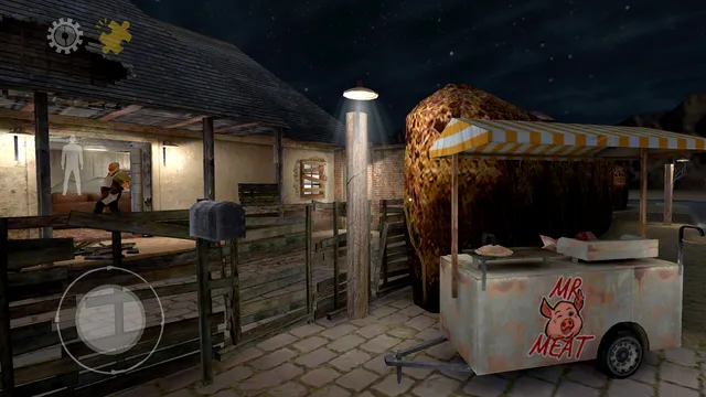 Mr. Meat screenshot: the farmyard at night with a Mr. Meat food cart under a street lamp