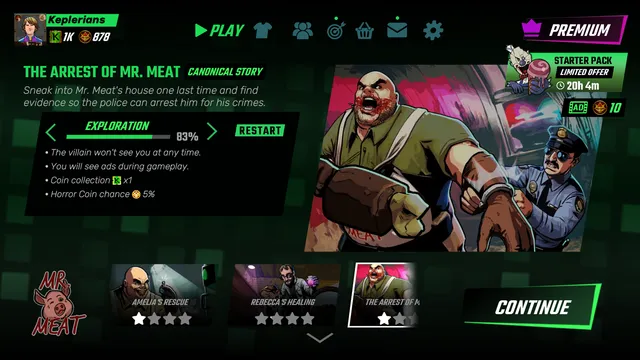 Mr. Meat story menu: The Arrest of Mr. Meat, with art of the butcher and a police officer